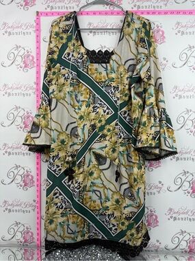 Dress ruffle frill Floral Geometric Midi Dress in Green and Cream